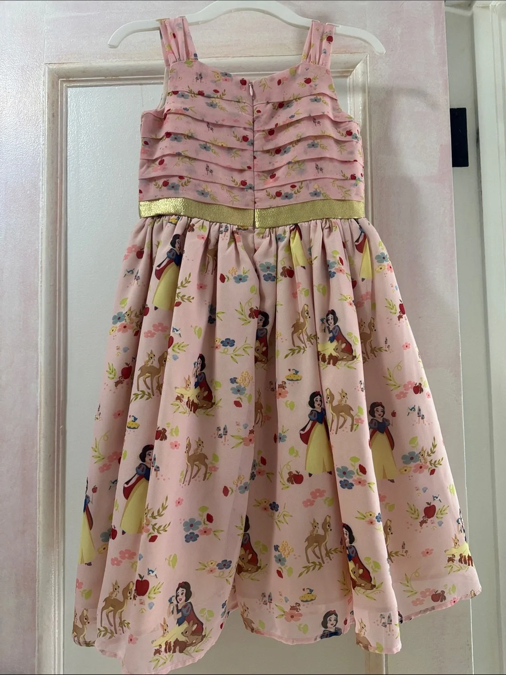Disney Pink Snow White Print Party Dress with Gold Waistband